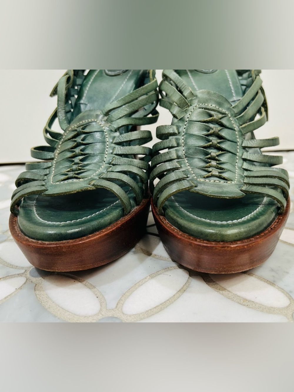 Frye Joy Huarache Platform Sandals Olive Green Leather Wood Heels Boho 9.5 - Picture 7 of 13